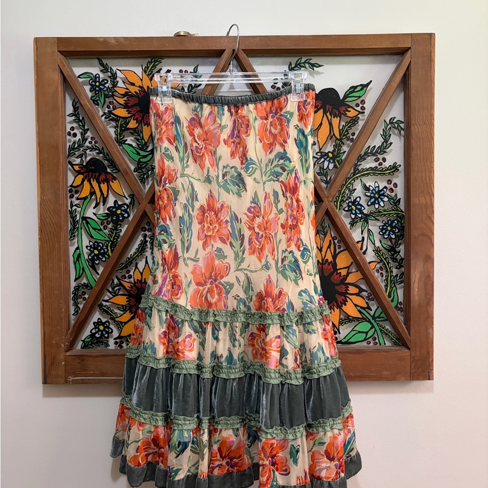Anthropologie Odille Floral Tiered Maxi Skirt in Cream, Orange and Green